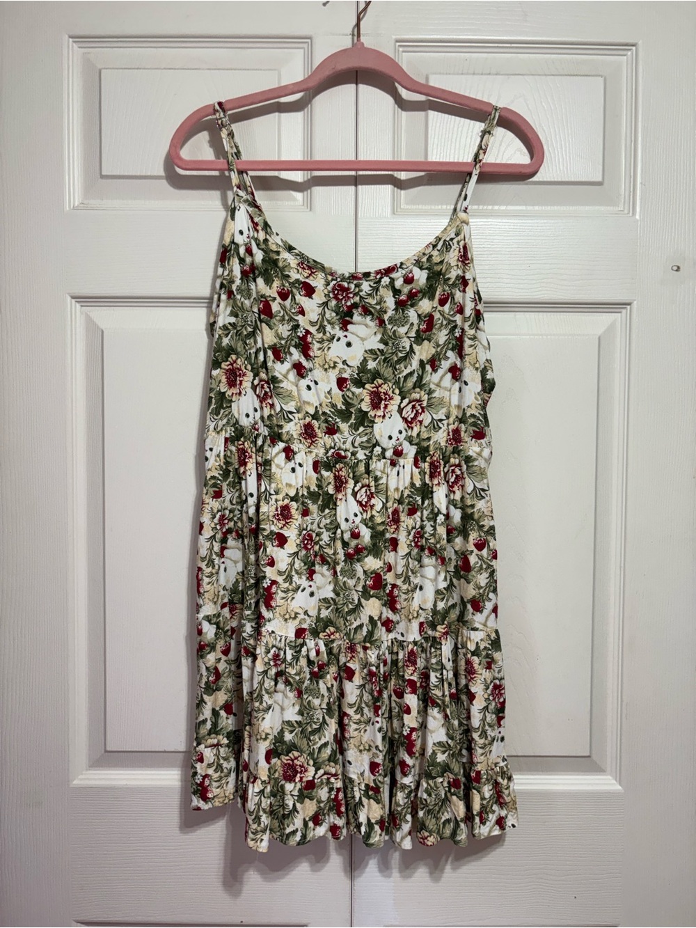 Floral Ruffle Mini Dress - White/Cream with Red & Green Print